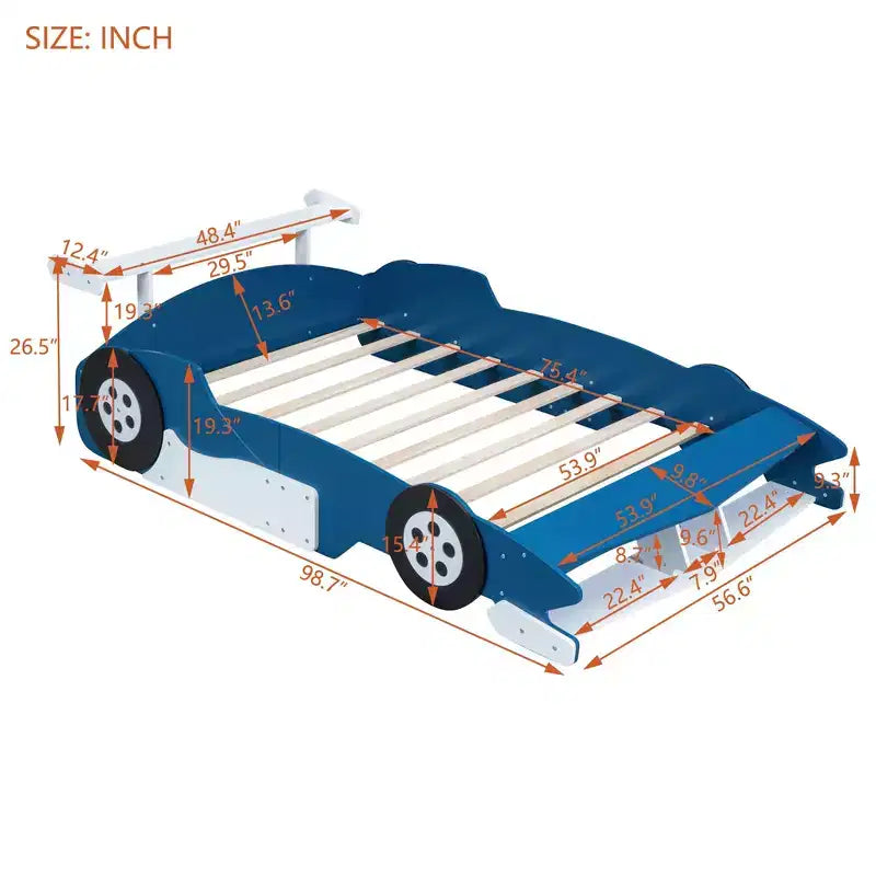 Lit plateforme en forme de voiture de course grandeur nature avec roues pour chambre d'enfant