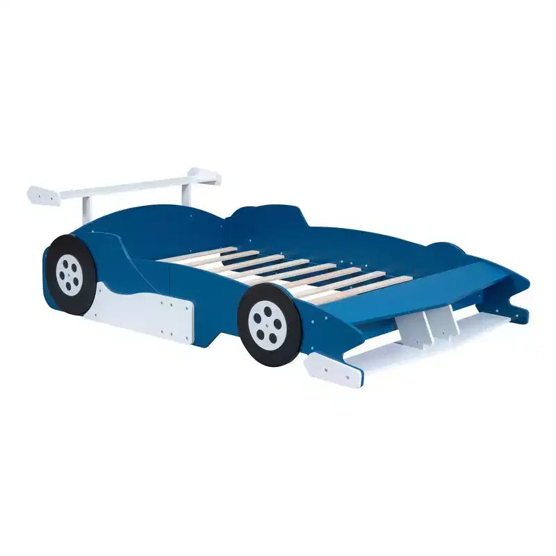Lit plateforme en forme de voiture de course grandeur nature avec roues pour chambre d'enfant