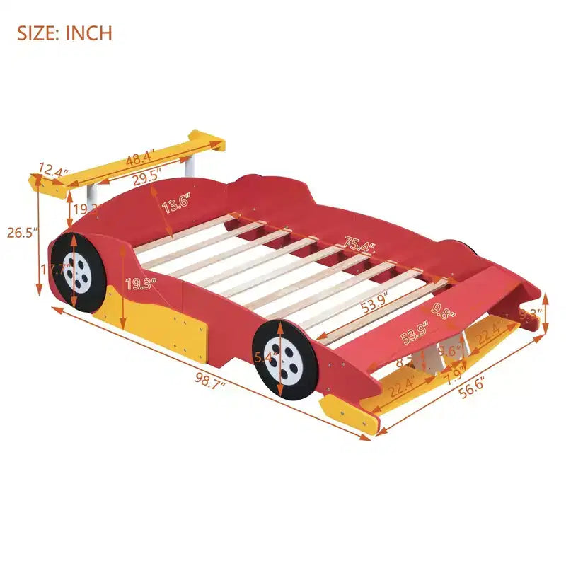 Lit plateforme en forme de voiture de course grandeur nature avec roues pour chambre d'enfant