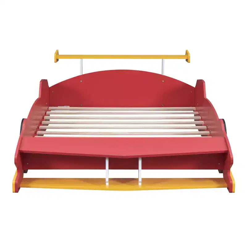 Lit plateforme en forme de voiture de course grandeur nature avec roues pour chambre d'enfant