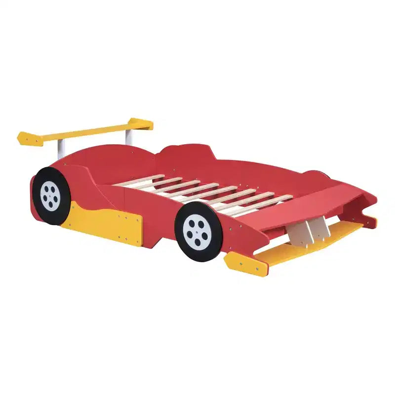 Lit plateforme en forme de voiture de course grandeur nature avec roues pour chambre d'enfant