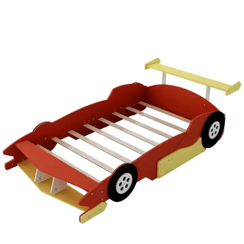 Lit plateforme en forme de voiture de course grandeur nature avec roues pour chambre d'enfant