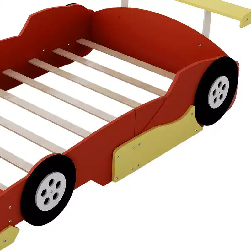 Lit plateforme en forme de voiture de course grandeur nature avec roues pour chambre d'enfant