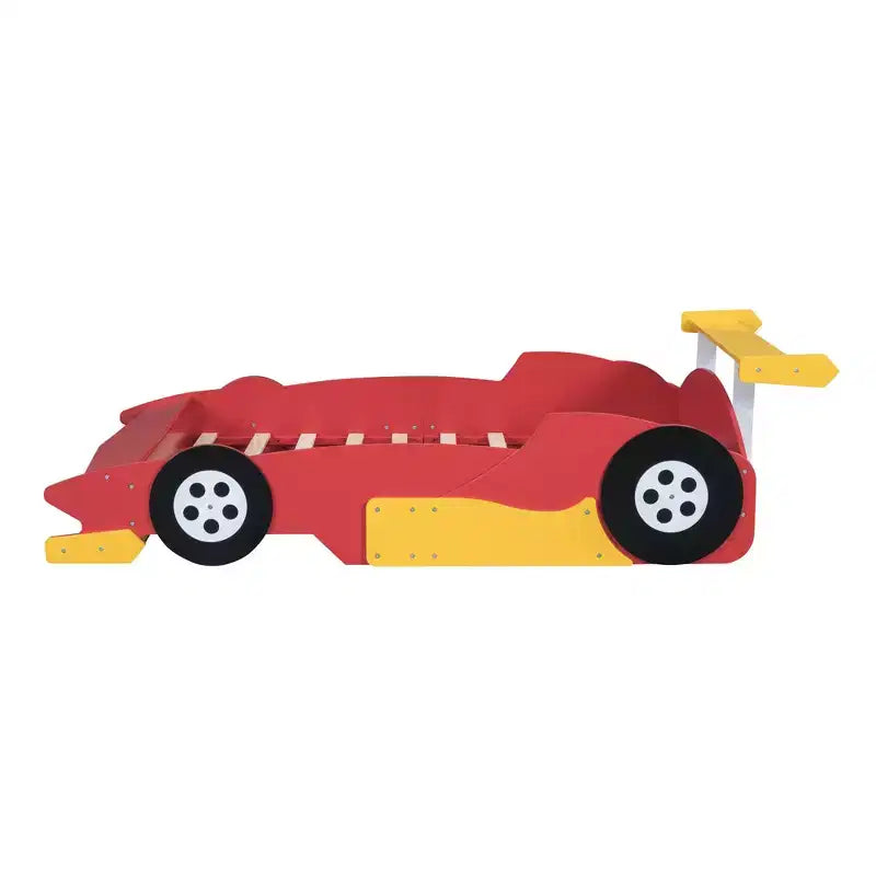 Lit plateforme en forme de voiture de course grandeur nature avec roues pour chambre d'enfant