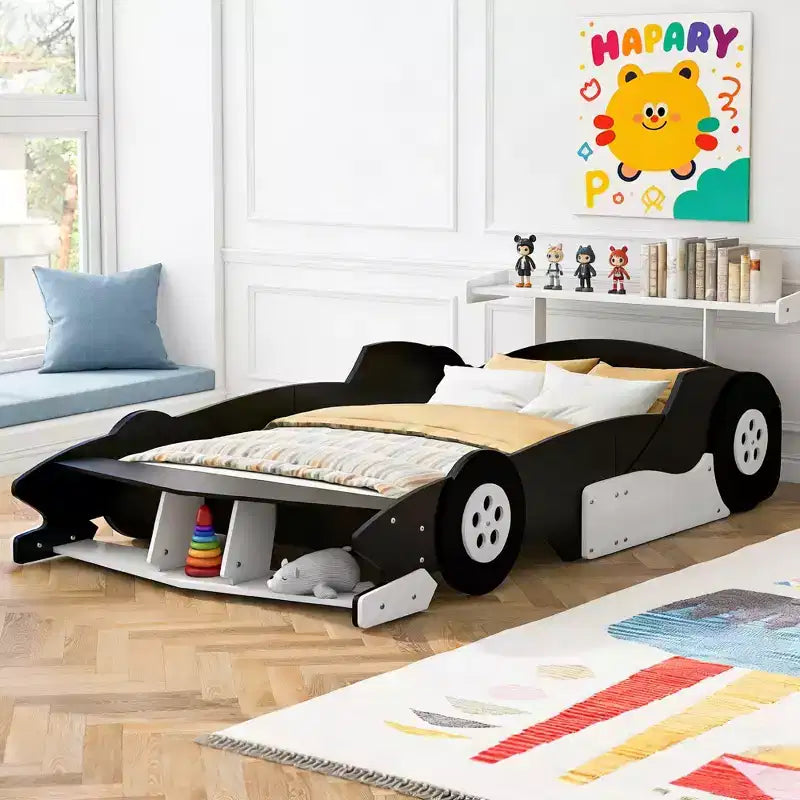 Luxystar Full Size Race Car Shaped Platform Bed with Wheels for Kids' Room