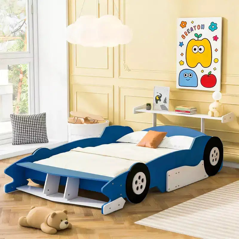 Lit plateforme en forme de voiture de course grandeur nature avec roues pour chambre d'enfant