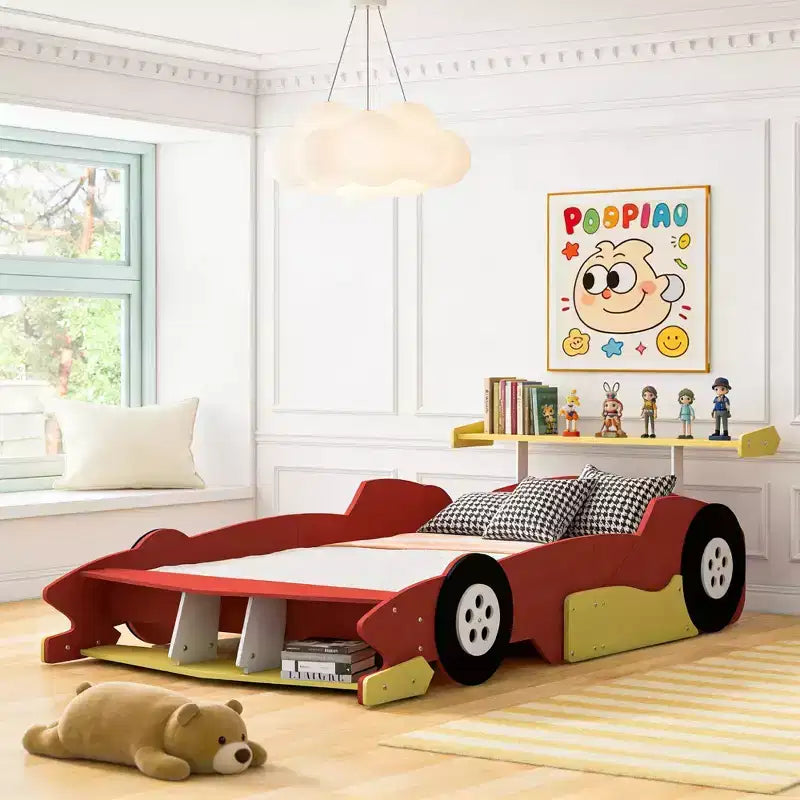 Lit plateforme en forme de voiture de course grandeur nature avec roues pour chambre d'enfant