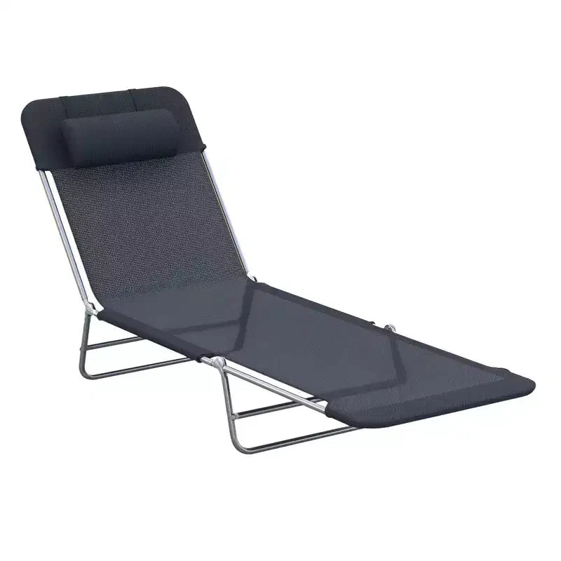 Folding Chaise Lounge Chair with Pillow, 6-Position Recline, Breathable Mesh - Black
