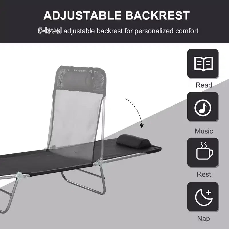 Chaise longue pliante avec oreiller, inclinable sur 6 positions