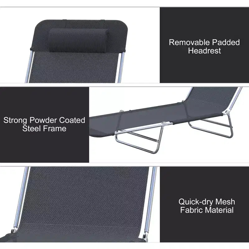 Chaise longue pliante avec oreiller, inclinable sur 6 positions