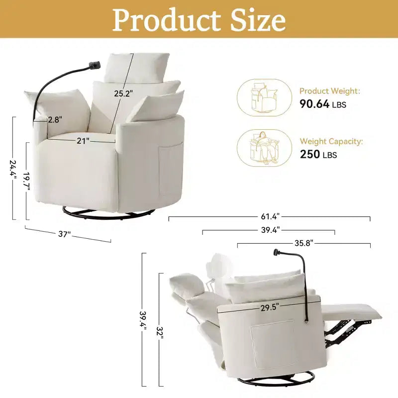 Fauteuil inclinable en chenille, fauteuil pivotant à 360° avec dossier et repose-pieds réglables