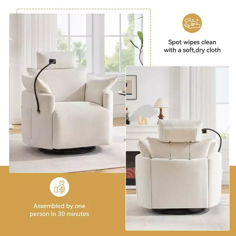 Fauteuil inclinable en chenille, fauteuil pivotant à 360° avec dossier et repose-pieds réglables