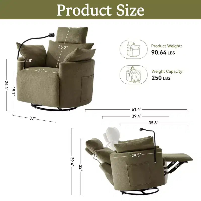Fauteuil inclinable en chenille, fauteuil pivotant à 360° avec dossier et repose-pieds réglables