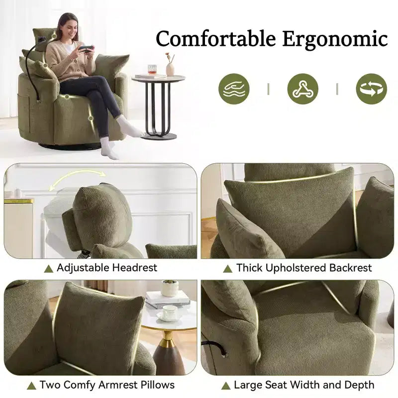 Fauteuil inclinable en chenille, fauteuil pivotant à 360° avec dossier et repose-pieds réglables