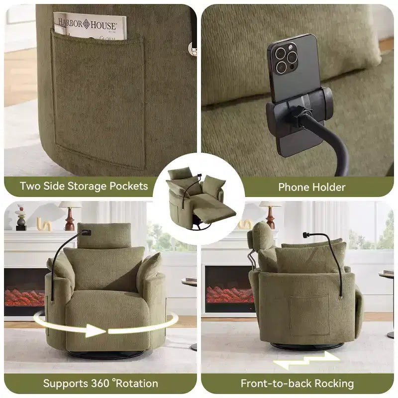 Fauteuil inclinable en chenille, fauteuil pivotant à 360° avec dossier et repose-pieds réglables