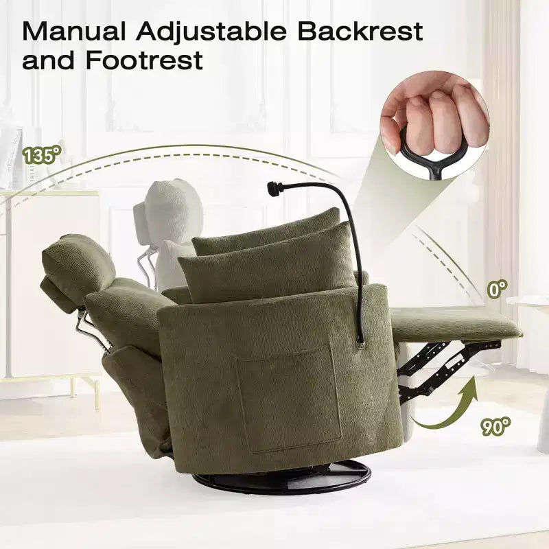 Fauteuil inclinable en chenille, fauteuil pivotant à 360° avec dossier et repose-pieds réglables