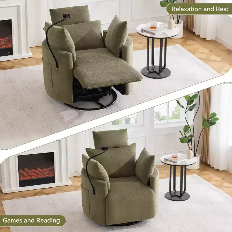 Fauteuil inclinable en chenille, fauteuil pivotant à 360° avec dossier et repose-pieds réglables