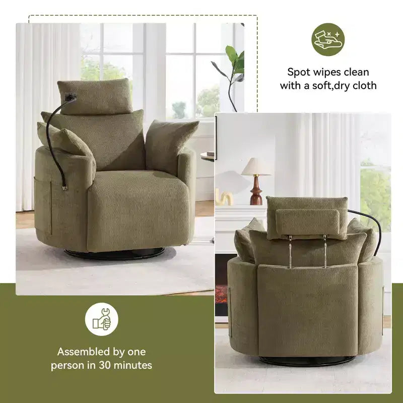 Fauteuil inclinable en chenille, fauteuil pivotant à 360° avec dossier et repose-pieds réglables