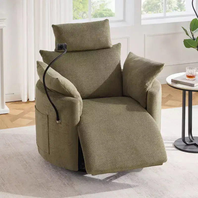 Chenille Recliner Chair, 360 Swivel Armchair with Adjustable Backrest &amp; Footrest, Rocking Chair with Phone Holder, Side Pockets - ModernLuxe