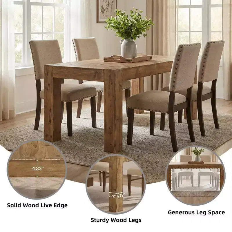Table de salle à manger de ferme en bois massif, Plateau épais multi-usage de cuisine rustique marron pour 4 à 6 personnes