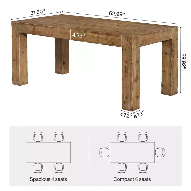 Table de salle à manger de ferme en bois massif, Plateau épais multi-usage de cuisine rustique marron pour 4 à 6 personnes