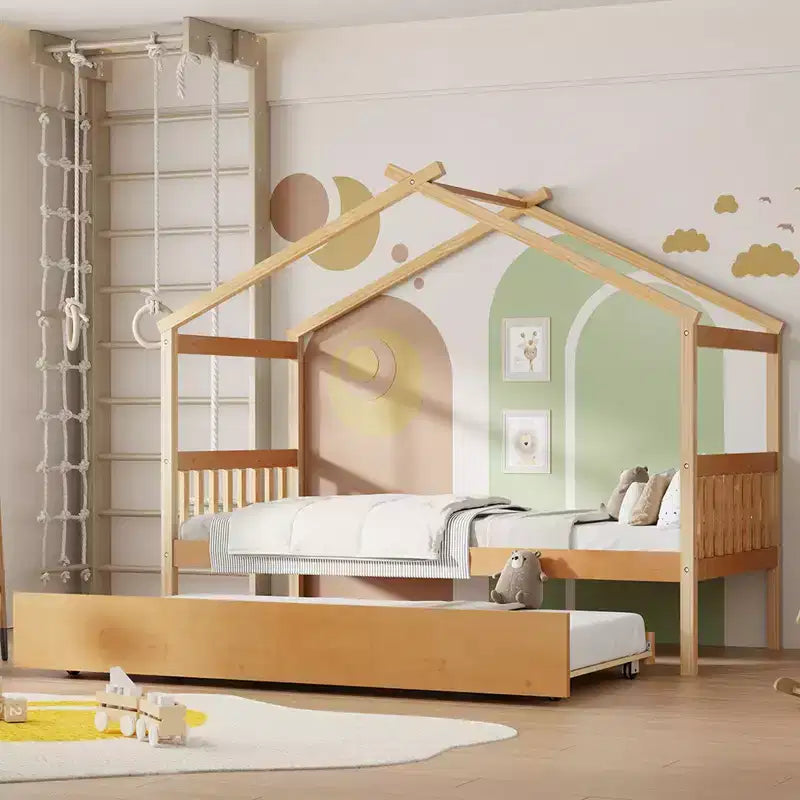 Bellemave House Bed with Twin Trundle, Wooden Montessori Playhouse Platform Bed Frame for Kids, Full/Twin Size, Natural &amp; White