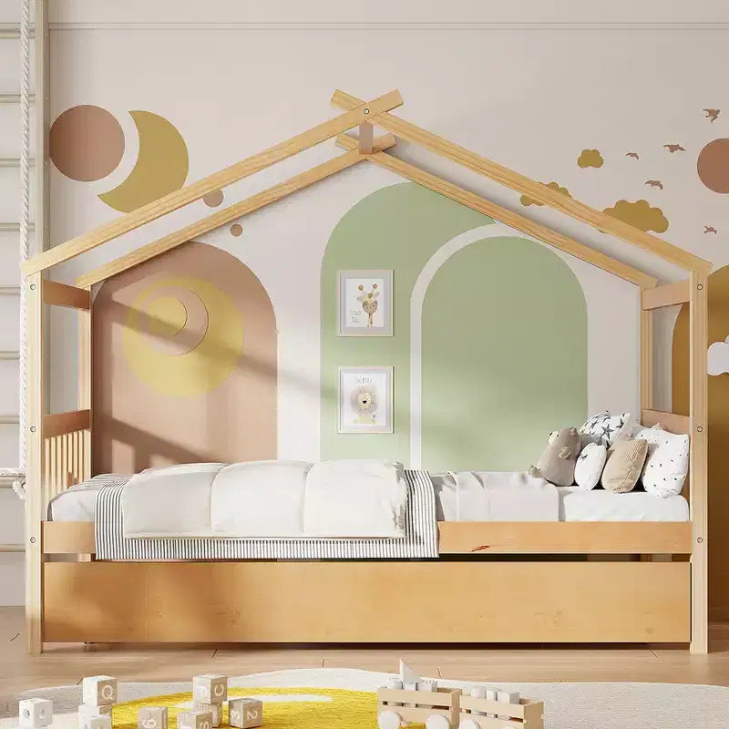 Lit cabane avec lit gigogne double, cadre de lit plateforme en bois pour enfants
