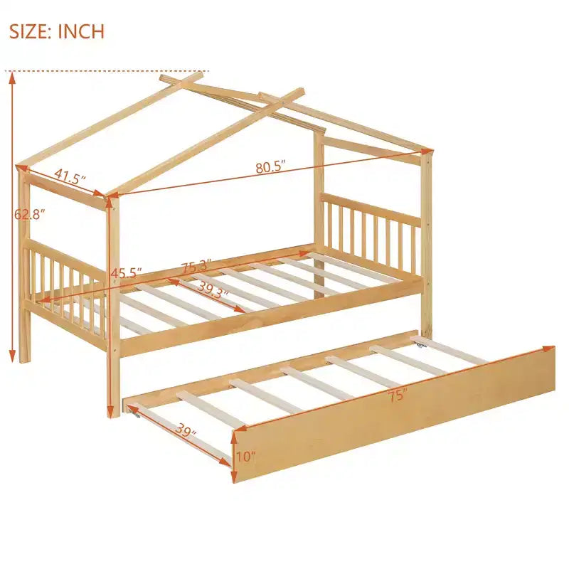 Lit cabane avec lit gigogne double, cadre de lit plateforme en bois pour enfants