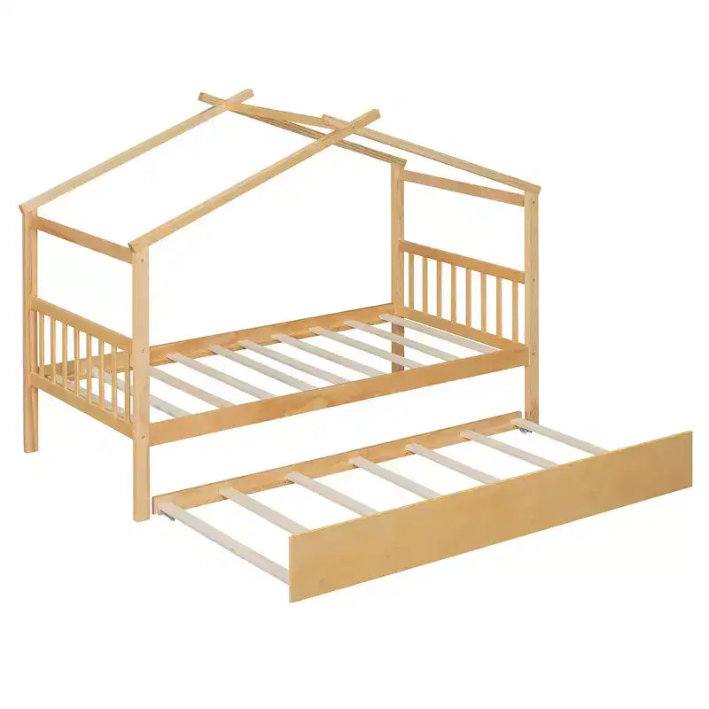 Lit cabane avec lit gigogne double, cadre de lit plateforme en bois pour enfants