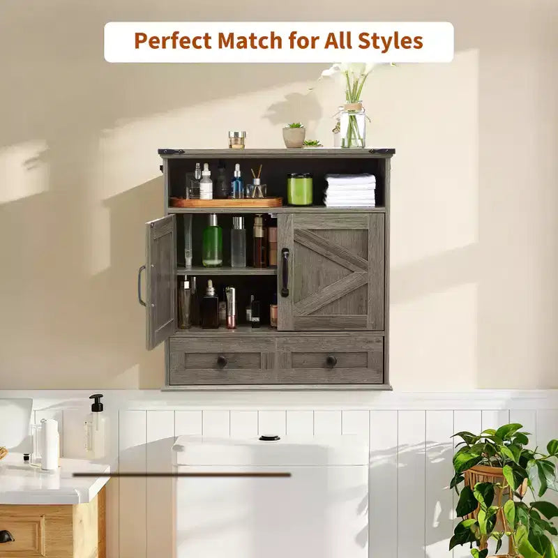 Armoire murale de salle de bain de style ferme avec portes coulissantes et tiroirs