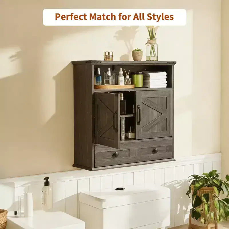 Armoire murale de salle de bain de style ferme avec portes coulissantes et tiroirs