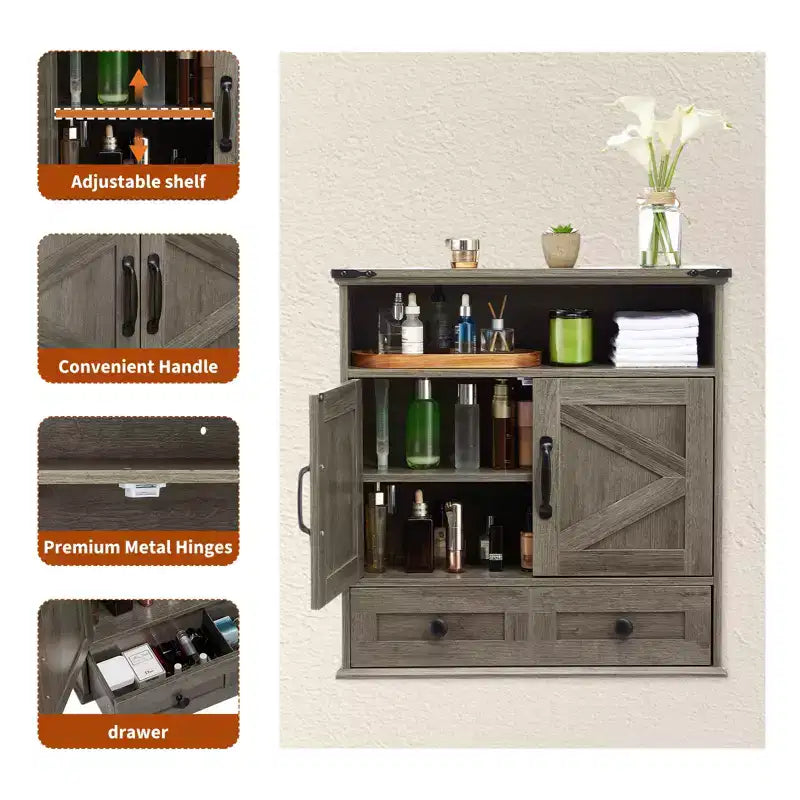 Armoire murale de salle de bain de style ferme avec portes coulissantes et tiroirs