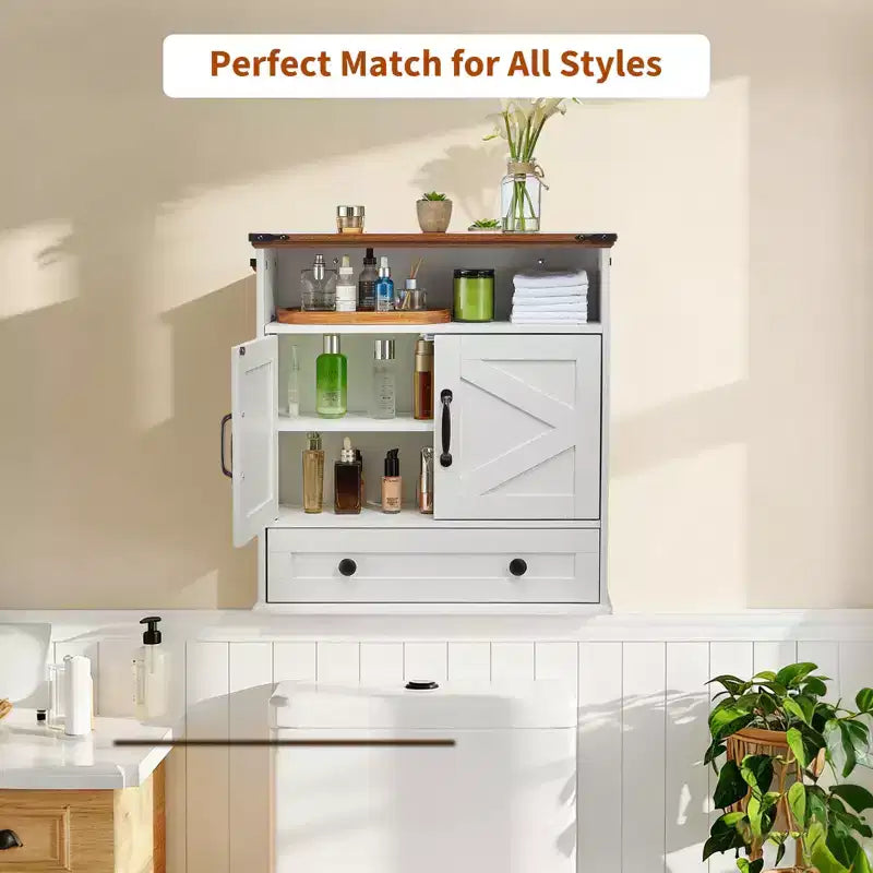 Armoire murale de salle de bain de style ferme avec portes coulissantes et tiroirs