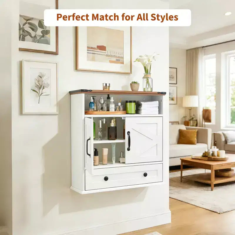 Armoire murale de salle de bain de style ferme avec portes coulissantes et tiroirs
