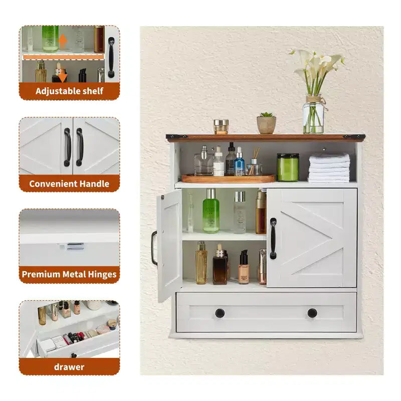 Armoire murale de salle de bain de style ferme avec portes coulissantes et tiroirs