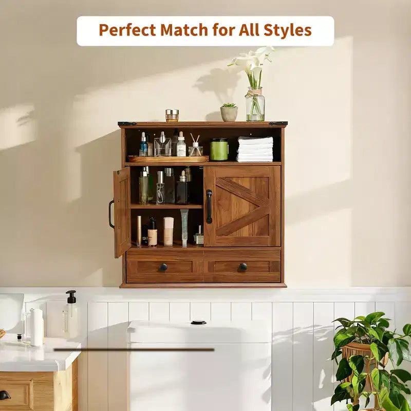 Armoire murale de salle de bain de style ferme avec portes coulissantes et tiroirs
