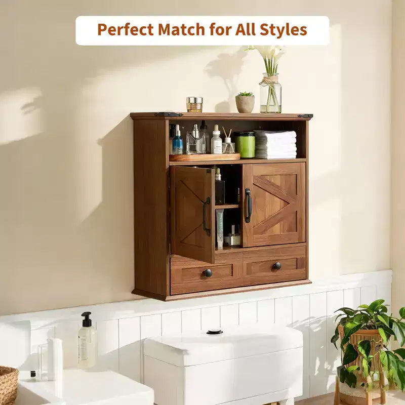 Armoire murale de salle de bain de style ferme avec portes coulissantes et tiroirs