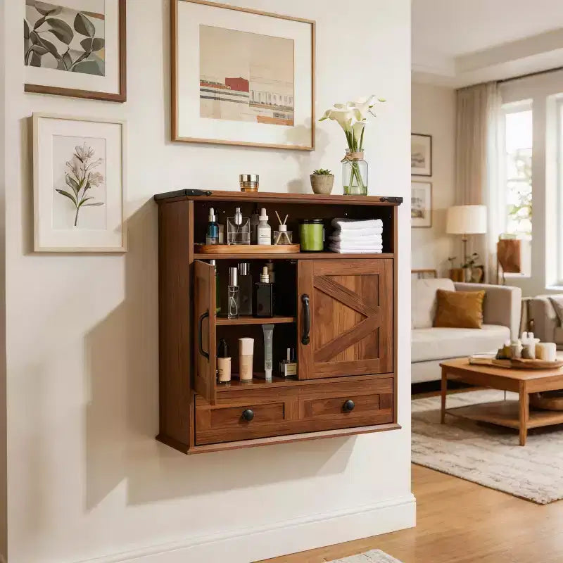 Farmhouse Bathroom Wall Cabinet with Barn Doors &amp; Drawers, 5-Tier Wood Medicine Storage Organizer, Double Door Adjustable Shelf for Kitchen