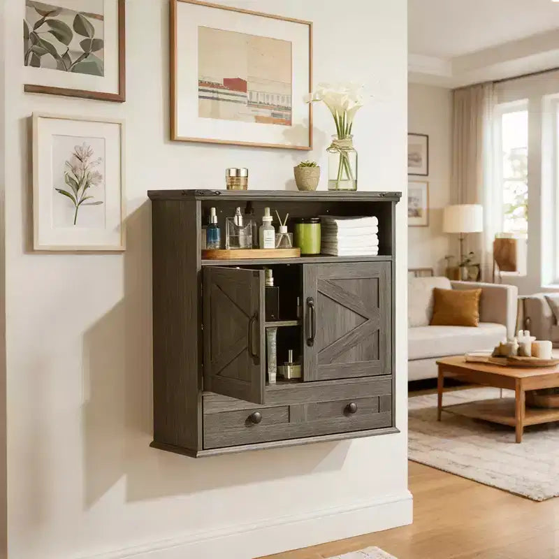 Armoire murale de salle de bain de style ferme avec portes coulissantes et tiroirs